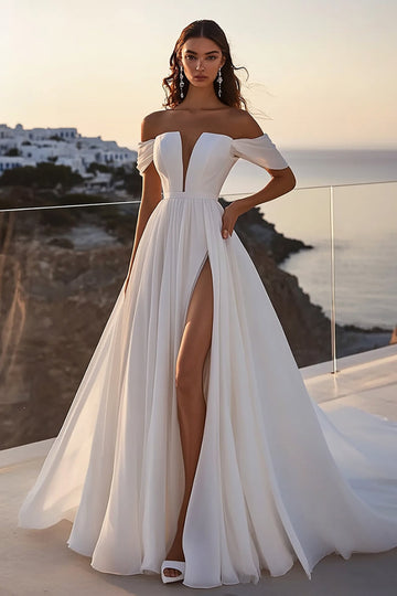 Une ligne lvory Robe de mariée longue à épaules dénudées avec fente